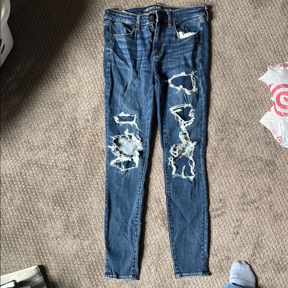 American Eagle Outfitters Skinny Blue Jeans with Distressed Details